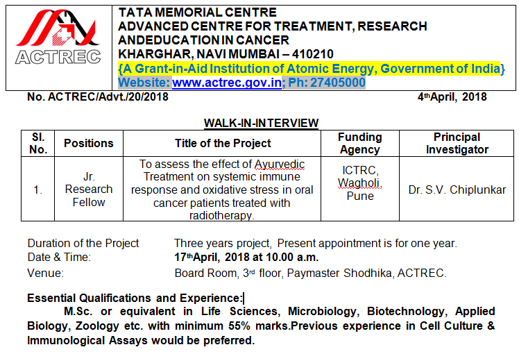 JRF Post Under ICTRC Wagholi Pune Project ACTREC Mumbai