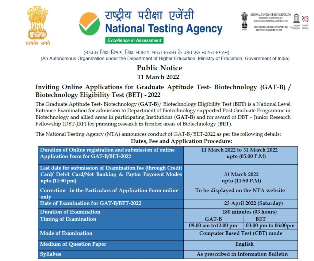 Graduate Aptitude Test – Biotechnology (GAT-B) 2022 & Biotechnology ...