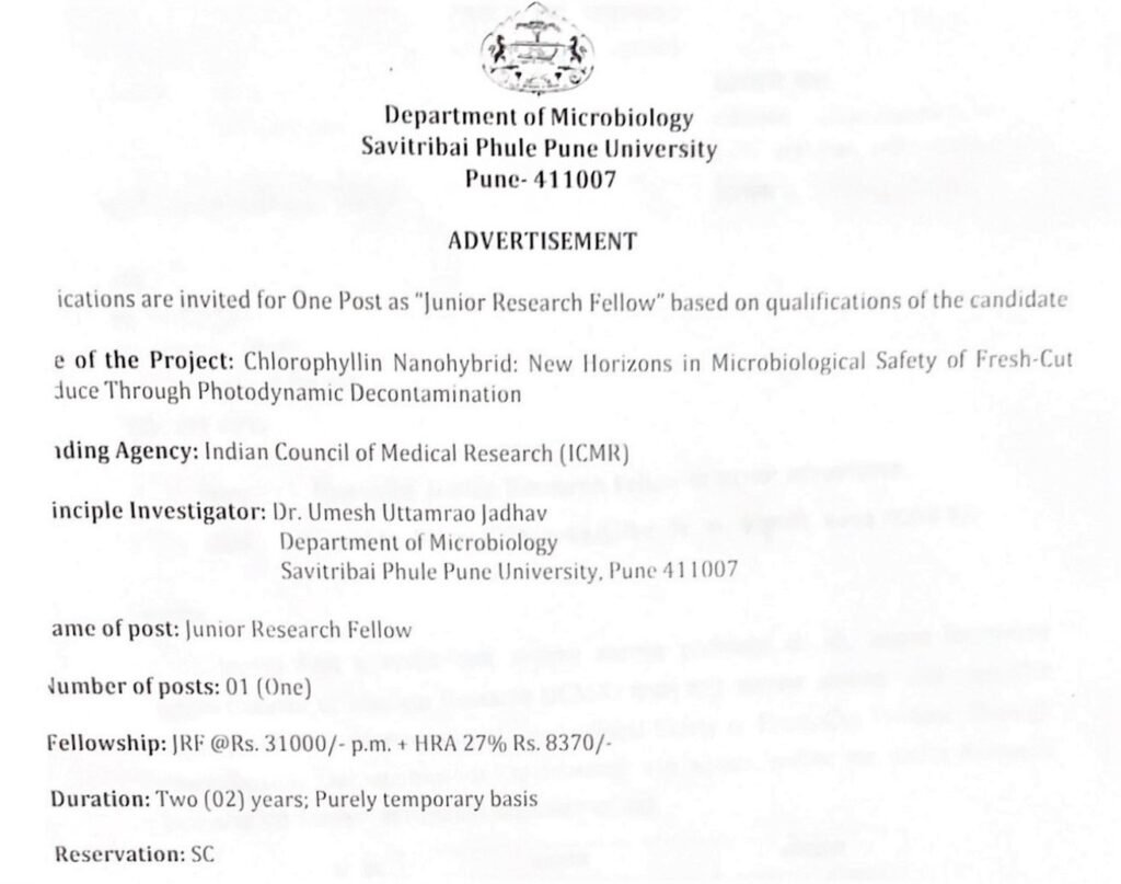 JRF Post At Dept Of Microbiology SPPU Jaivikshastram jrf-post-at-dept-of-microbiology-sppu-jaivikshastram