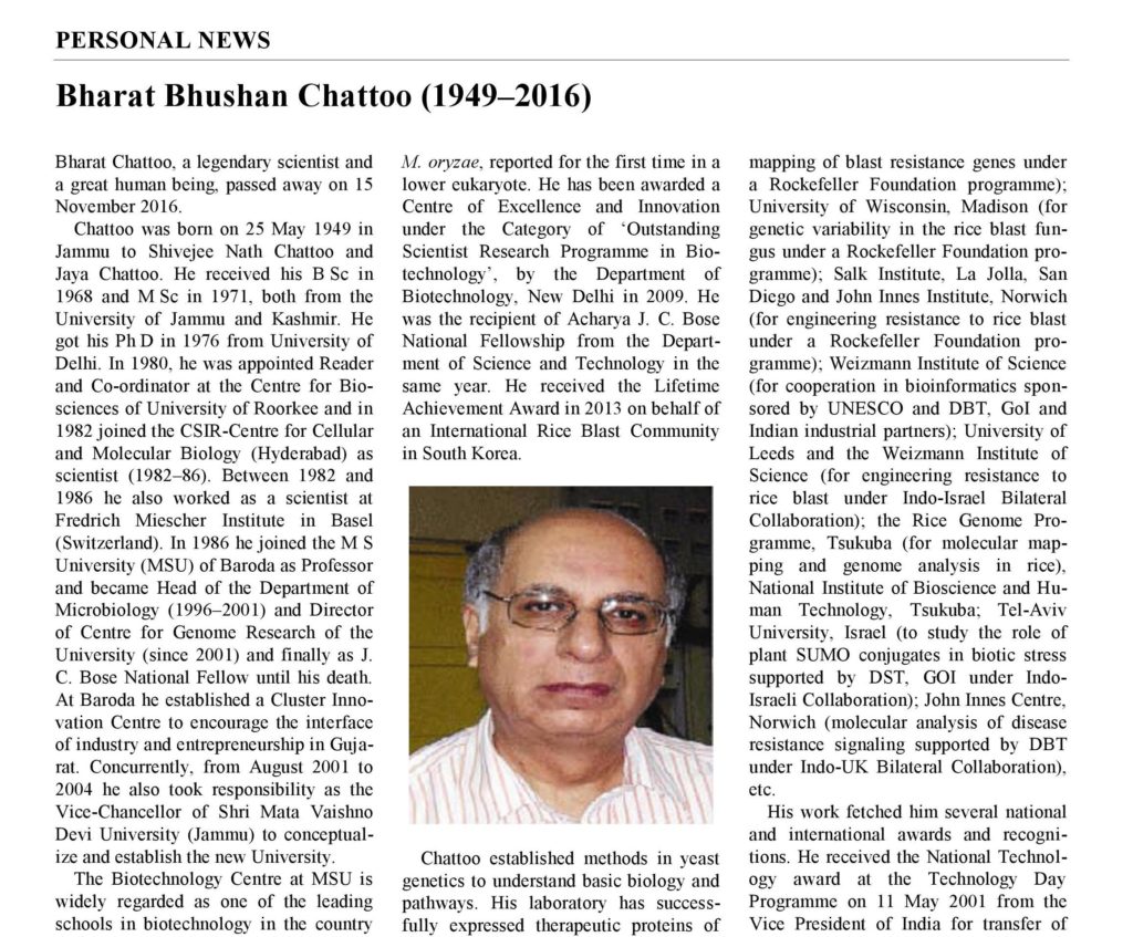 Bharat Bhushan Chattoo (1949 – 2016), a Legendary Scientist ...