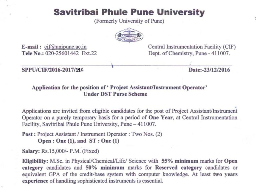 Project Asst. & Instrument Operator under DST Purse scheme SPPU, Pune