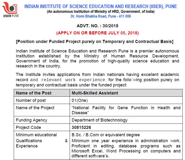 Multi-Skilled Asst. Position Under National Facility For Gene Function ...