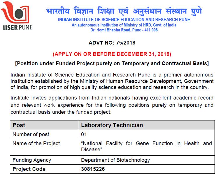 Laboratory Technician Under National Facility For Gene Function In