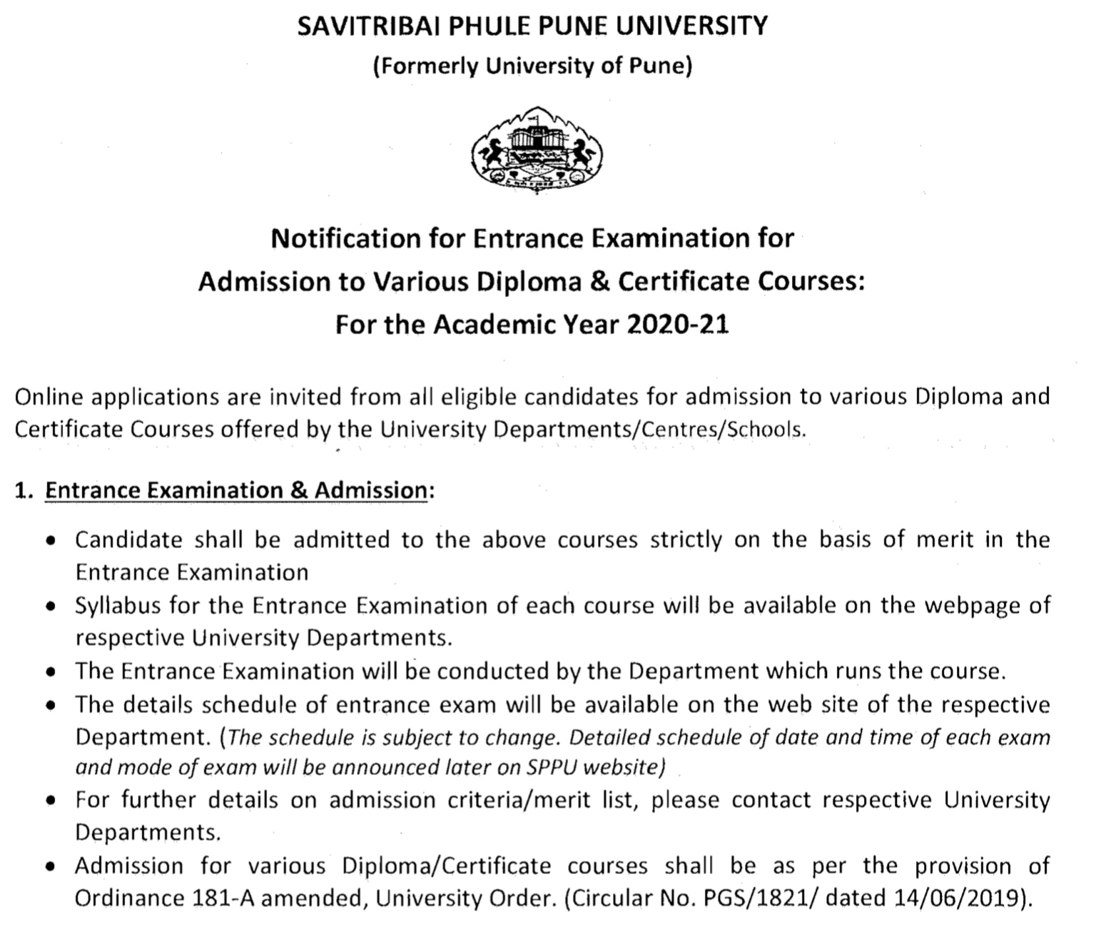 Notification For Entrance Examinations For Admission To Various Diploma ...