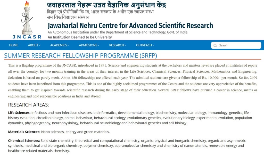 Summer Research Fellowship Programme (SRFP) @jncasr @Jaivikshastram ...